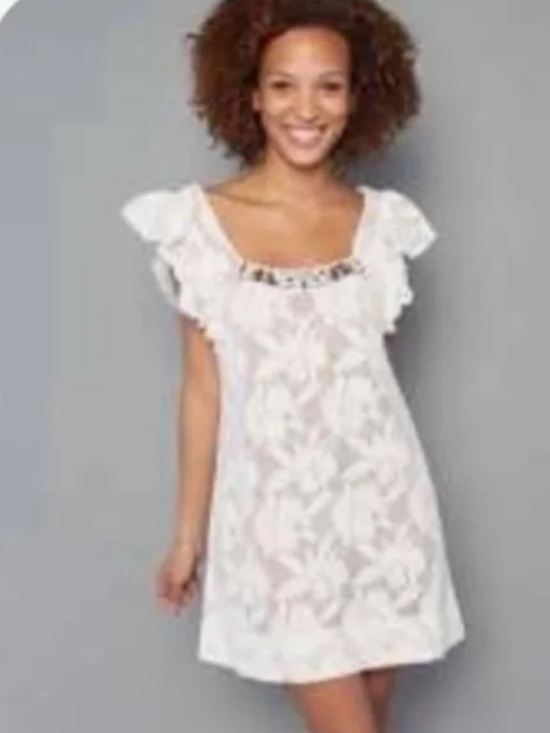 Free People Dresses & Skirts - Free People Cream Lace Dress/ Coverup with Beaded Neckline